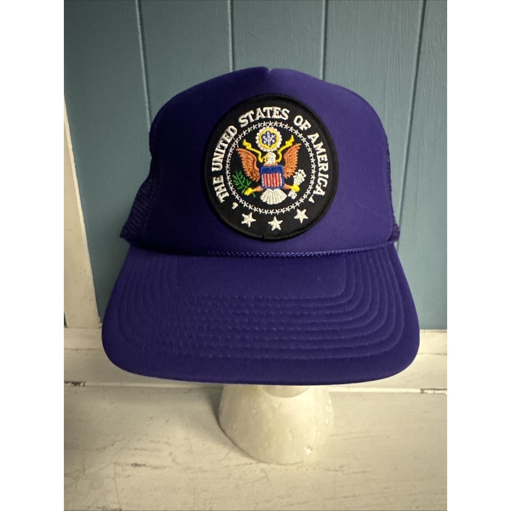 Vtg 90s The United States of America Spell Out Patch‎ Trucker Hat Purple